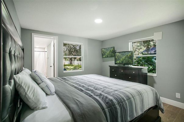 Bedroom, Interior, Recessed Lighting, Wood Texture Flooring