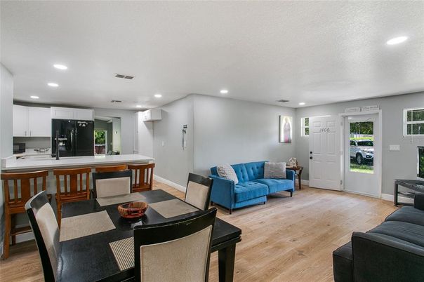 Dining room, Interior, Kitchen, Living room, Recessed Lighting, Wood Texture Flooring