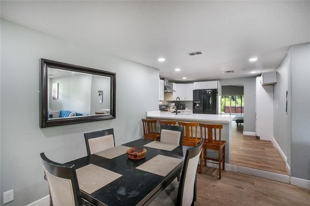 Dining room, Interior, Kitchen, Recessed Lighting, Wood Texture Flooring
