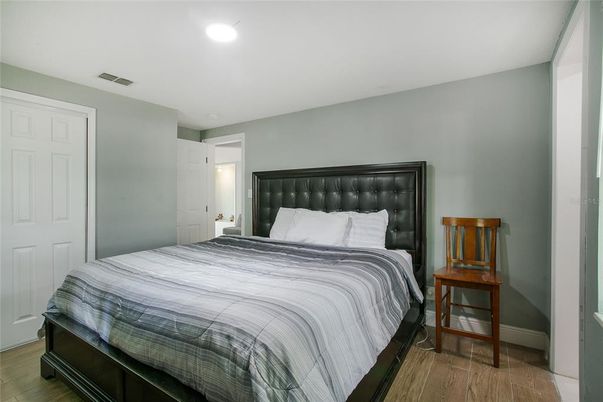 Bedroom, Interior, Recessed Lighting, Wood Texture Flooring