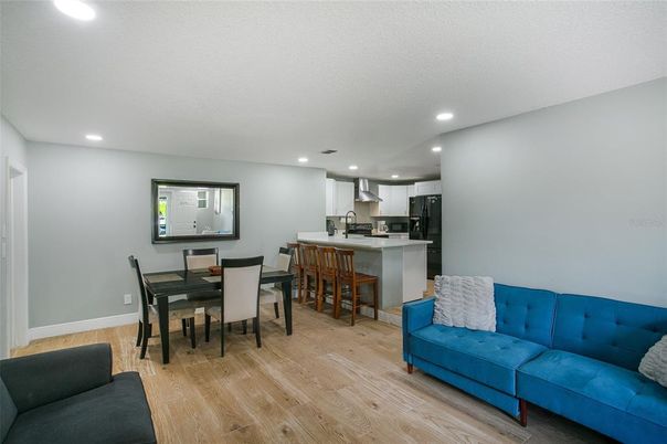 Dining room, Interior, Kitchen, Recessed Lighting, Wood Texture Flooring