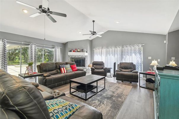 Fireplace, Interior, Living room, Recessed Lighting, Wood Texture Flooring