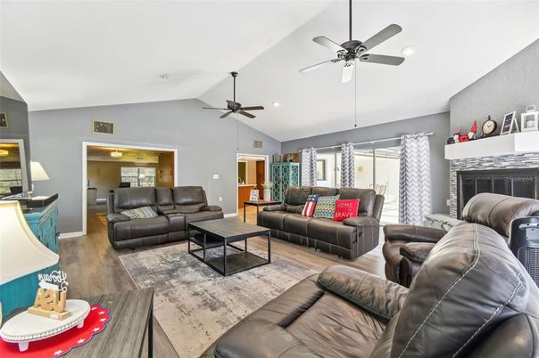 Fireplace, Interior, Living room, Recessed Lighting, Wood Texture Flooring