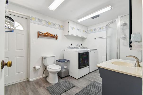 Bathroom, Interior, Washer, Wood Texture Flooring