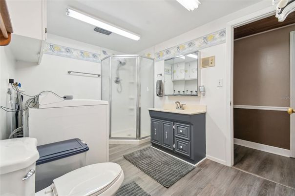 Bathroom, Glass Shower, Interior, Wood Texture Flooring
