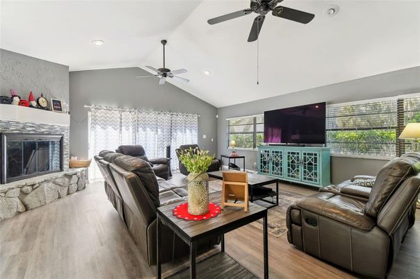 Fireplace, Interior, Living room, Recessed Lighting, Wood Texture Flooring