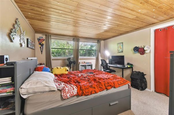 Bedroom, Home Office, Interior, Recessed Lighting, Wooden Ceilings