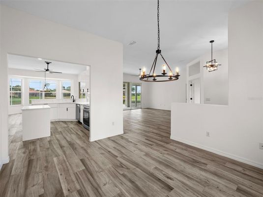 Chandelier, Empty room, Interior, Kitchen, Pendant Lights, Wood Texture Flooring