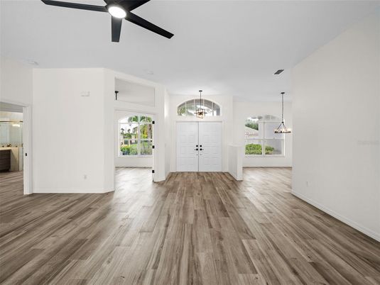 Empty room, Interior, Pendant Lights, Wood Texture Flooring