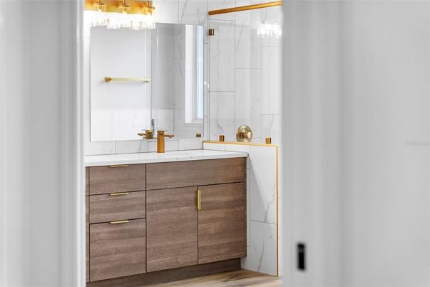 Bathroom, Interior, Marble Walls, Wood Texture Flooring