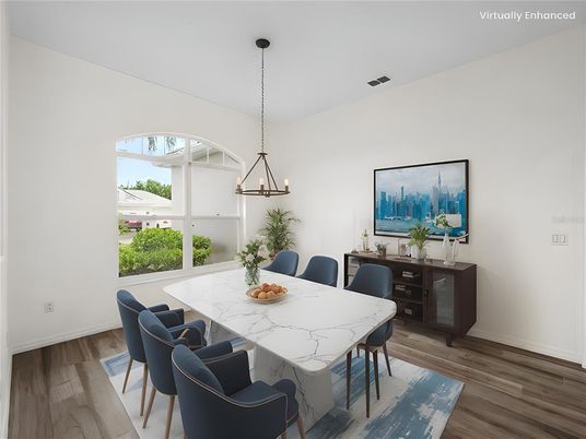 Dining room, Interior, Pendant Lights, Wood Texture Flooring