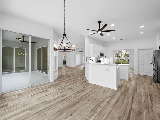 Chandelier, Interior, Kitchen, Pendant Lights, Recessed Lighting, Wood Texture Flooring