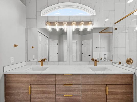 Bathroom, Dual Sink Vanities, Glass Shower, Interior, Marble Walls