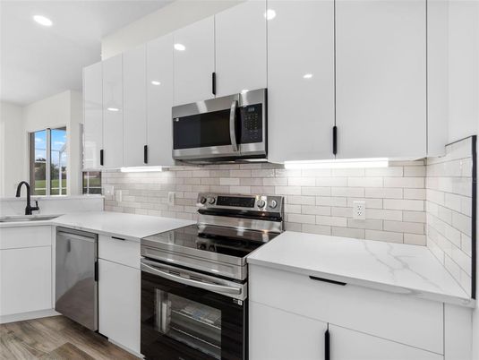Interior, Kitchen, Recessed Lighting, Stainless Steel Appliances, Wood Texture Flooring