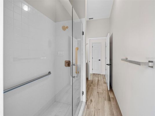 Bathroom, Glass Shower, Interior, Wood Texture Flooring