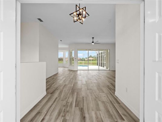 Empty room, Interior, Pendant Lights, Wood Texture Flooring