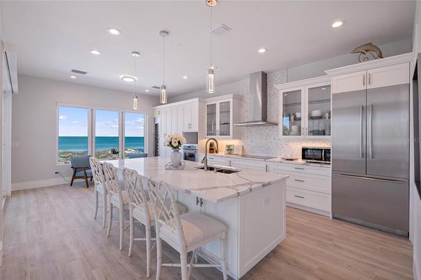 Interior, Kitchen, Pendant Lights, Recessed Lighting, Stainless Steel Appliances, Water, Wood Texture Flooring