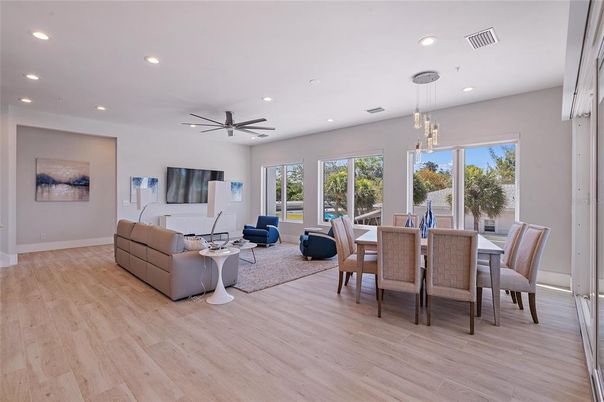 Dining room, Interior, Living room, Pendant Lights, Recessed Lighting, Wood Texture Flooring