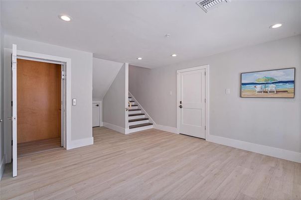 Empty room, Interior, Recessed Lighting, Wood Texture Flooring