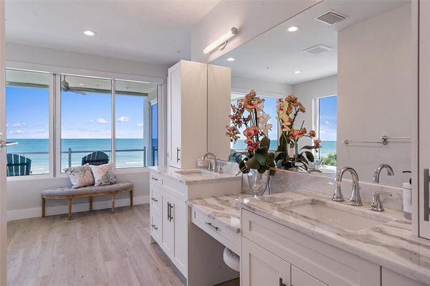 Bathroom, Dual Sink Vanities, Interior, Recessed Lighting, Water, Wood Texture Flooring