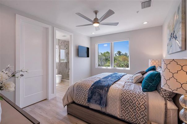 Bathroom, Bedroom, Glass Shower, Interior, Recessed Lighting, Wood Texture Flooring