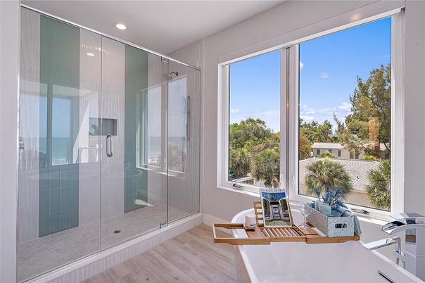 Bathroom, Glass Shower, Interior, Recessed Lighting, Wood Texture Flooring