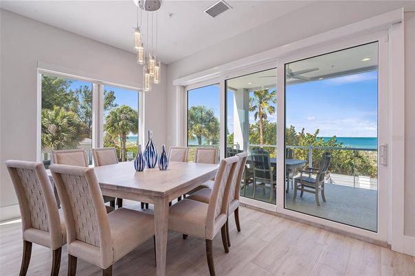 Dining room, Interior, Pendant Lights, Recessed Lighting, Water, Wood Texture Flooring
