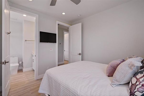 Bedroom, Interior, Recessed Lighting, Wood Texture Flooring