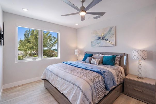 Bedroom, Interior, Recessed Lighting, Wood Texture Flooring