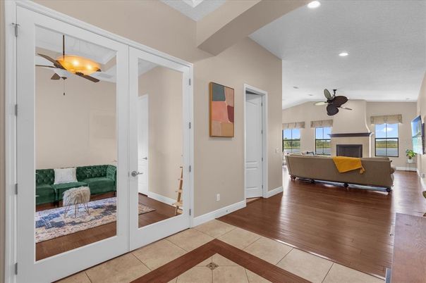 Fireplace, Interior, Living room, Recessed Lighting, Wood Texture Flooring