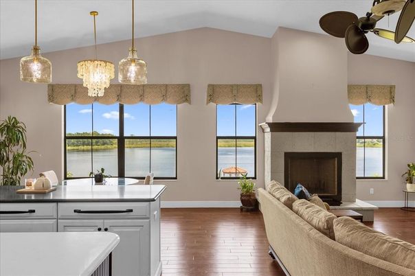 Fireplace, Interior, Living room, Pendant Lights, Water, Wood Texture Flooring