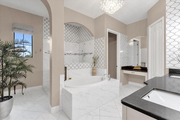 Bathroom, Chandelier, Dual Sink Vanities, Interior, Marble