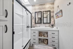 Bathroom, Glass Shower, Interior, Recessed Lighting, Wood Texture Flooring