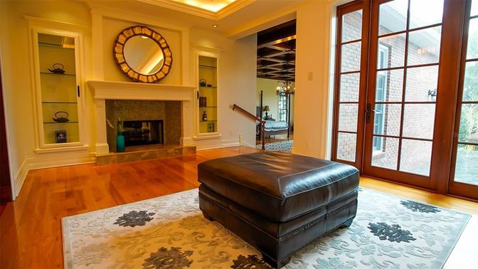 Fireplace, Interior, Recessed Lighting, Wood Texture Flooring