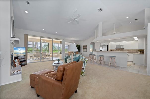 Fireplace, Interior, Kitchen, Living room, Recessed Lighting