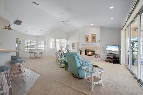 Dining room, Fireplace, Interior, Living room, Recessed Lighting