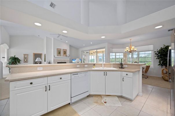 Chandelier, Dining room, Fireplace, Interior, Kitchen, Recessed Lighting