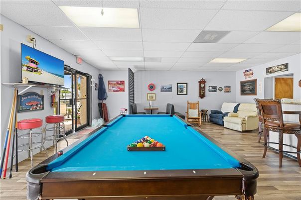 Billiard Table, Game Room, Interior, Pendant Lights, Wood Texture Flooring
