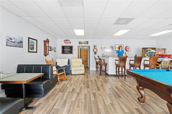 Billiard Table, Dining room, Game Room, Interior, Recessed Lighting, Wood Texture Flooring