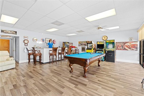 Billiard Table, Game Room, Interior, Recessed Lighting, Wood Texture Flooring
