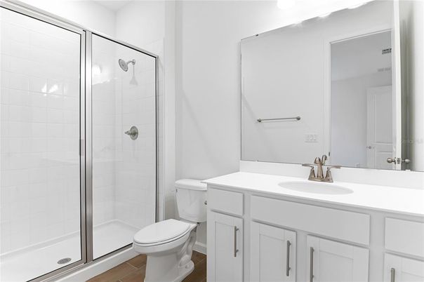Bathroom, Glass Shower, Interior, Wood Texture Flooring