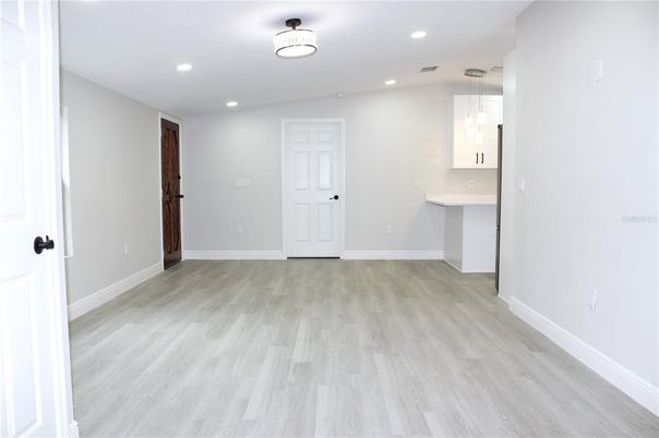 Empty room, Interior, Pendant Lights, Recessed Lighting, Wood Texture Flooring