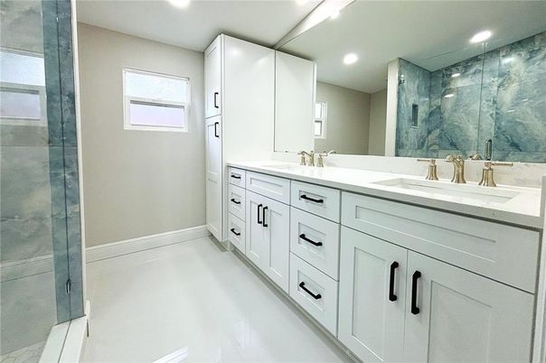 Bathroom, Dual Sink Vanities, Glass Shower, Interior, Recessed Lighting