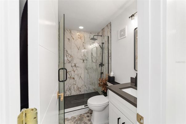 Bathroom, Glass Shower, Interior, Marble Walls, Recessed Lighting