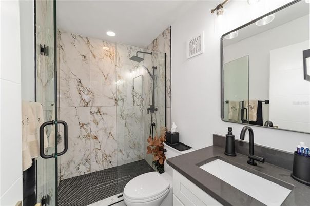 Bathroom, Glass Shower, Interior, Marble Walls, Recessed Lighting