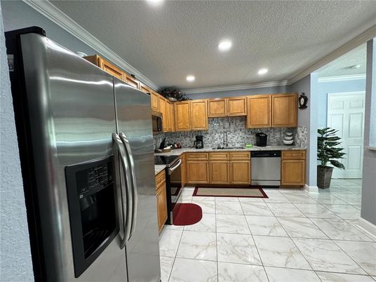 Interior, Kitchen, Marble, Recessed Lighting, Stainless Steel Appliances