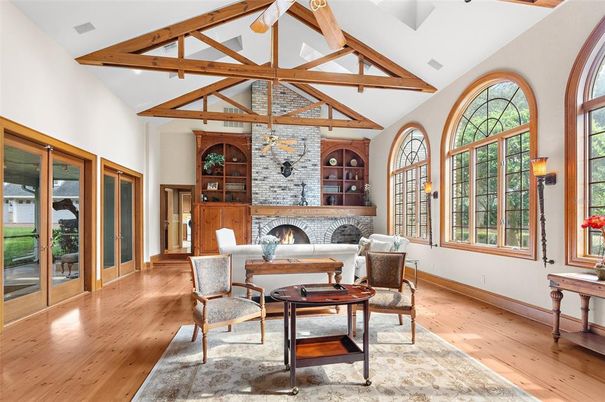 Fireplace, Interior, Living room, Stone Walls, Wooden Beams, Wood Texture Flooring