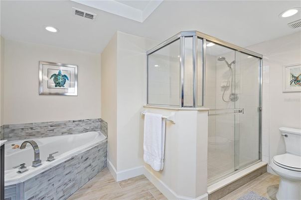 Bathroom, Glass Shower, Interior, Recessed Lighting, Wood Texture Flooring