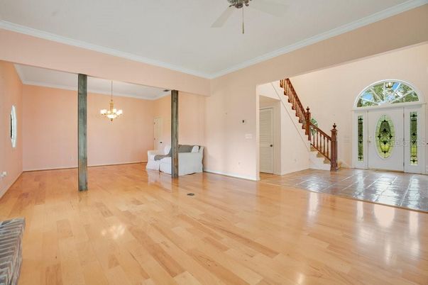 Chandelier, Empty room, Interior, Wood Texture Flooring