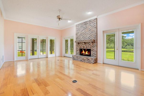 Empty room, Fireplace, Interior, Recessed Lighting, Wood Texture Flooring
